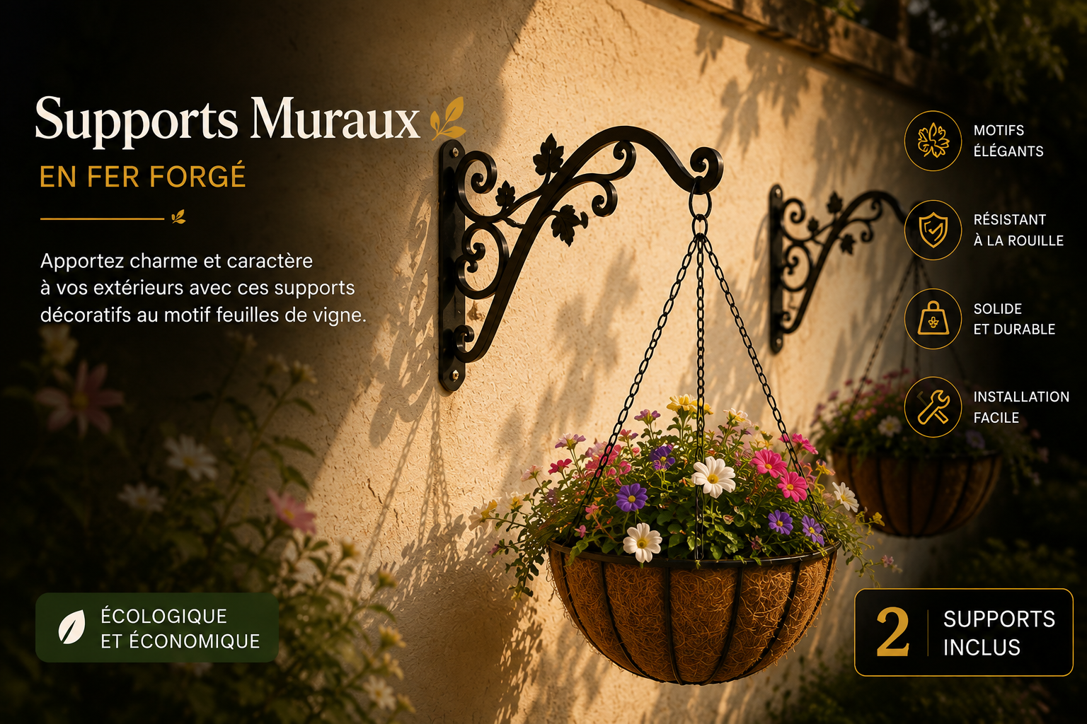 Supports Muraux Décoratifs en Fer Forgé – Motif Feuilles de Vigne – Lot de 2