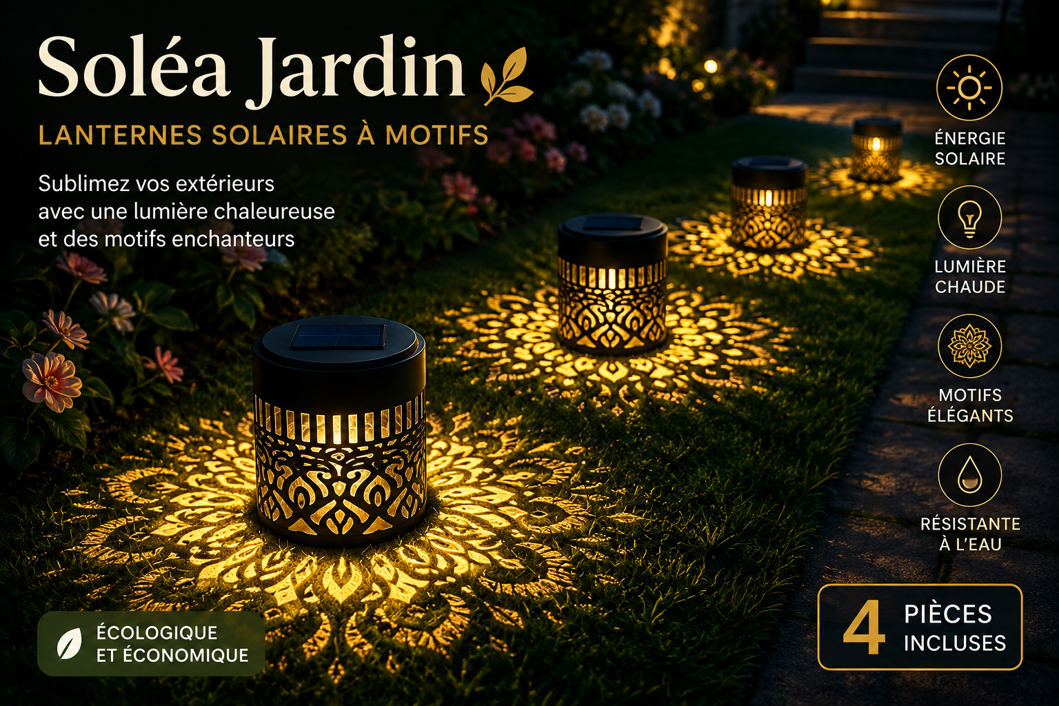 Soléa Jardin – Lot de 4 lanternes solaires à motifs