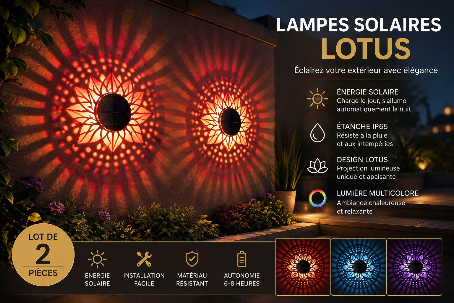 Lampes solaires murales Lotus – Éclairage décoratif extérieur (Lot de 2)
