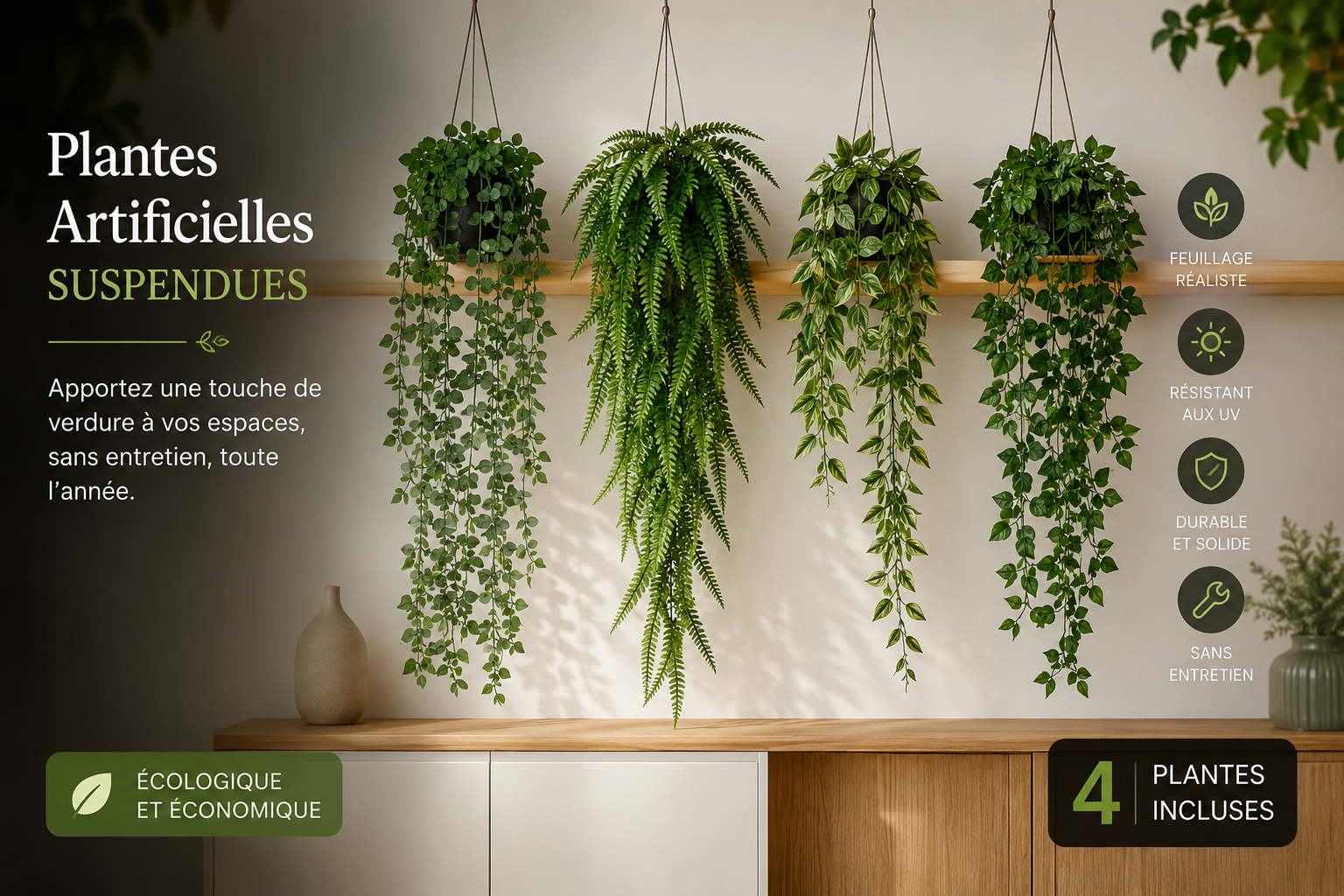 Lot de 4 Plantes Artificielles Suspendues – Feuillages Variés 🌿